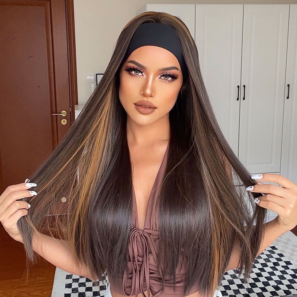 Perruque bandeau marron longueur