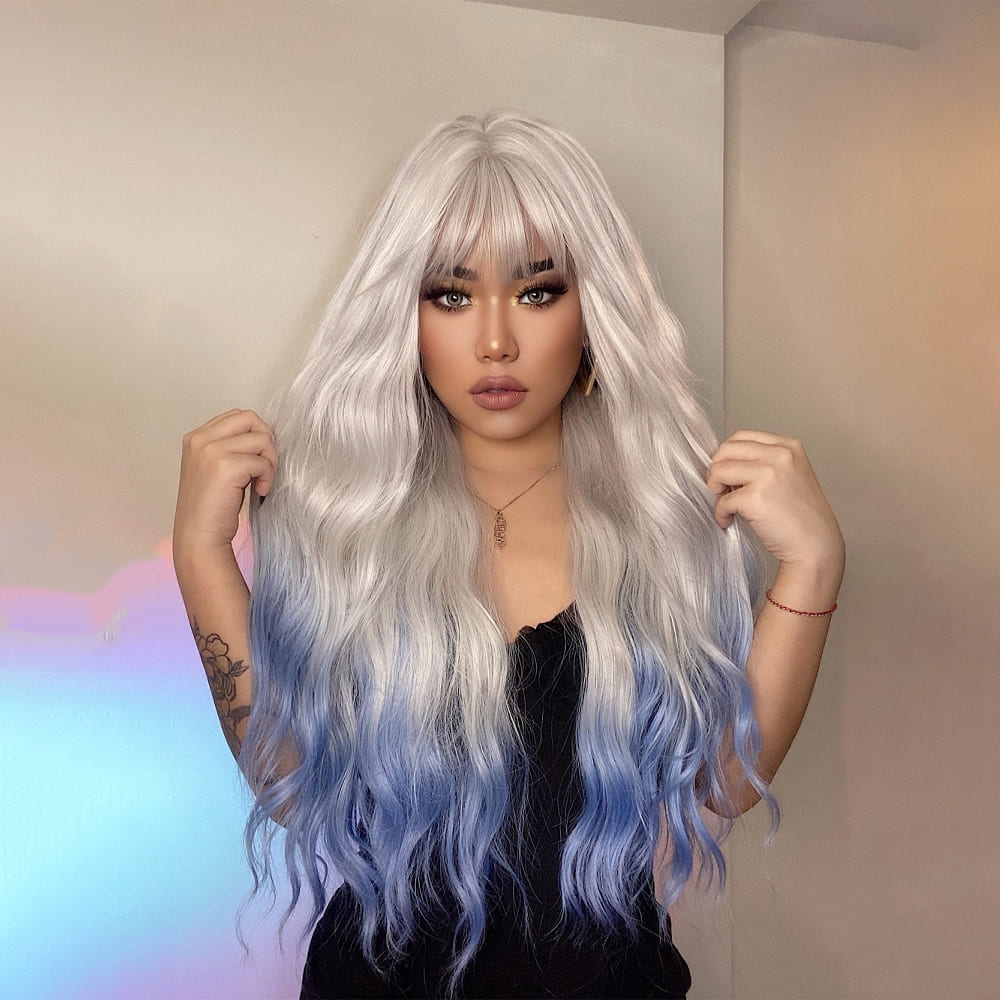 Perruque blanche et bleue frange