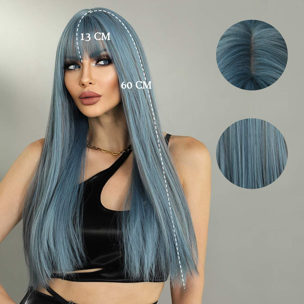 Perruque bleue longue longueur