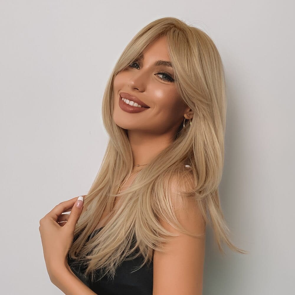 Perruque blonde longue lisse mèche