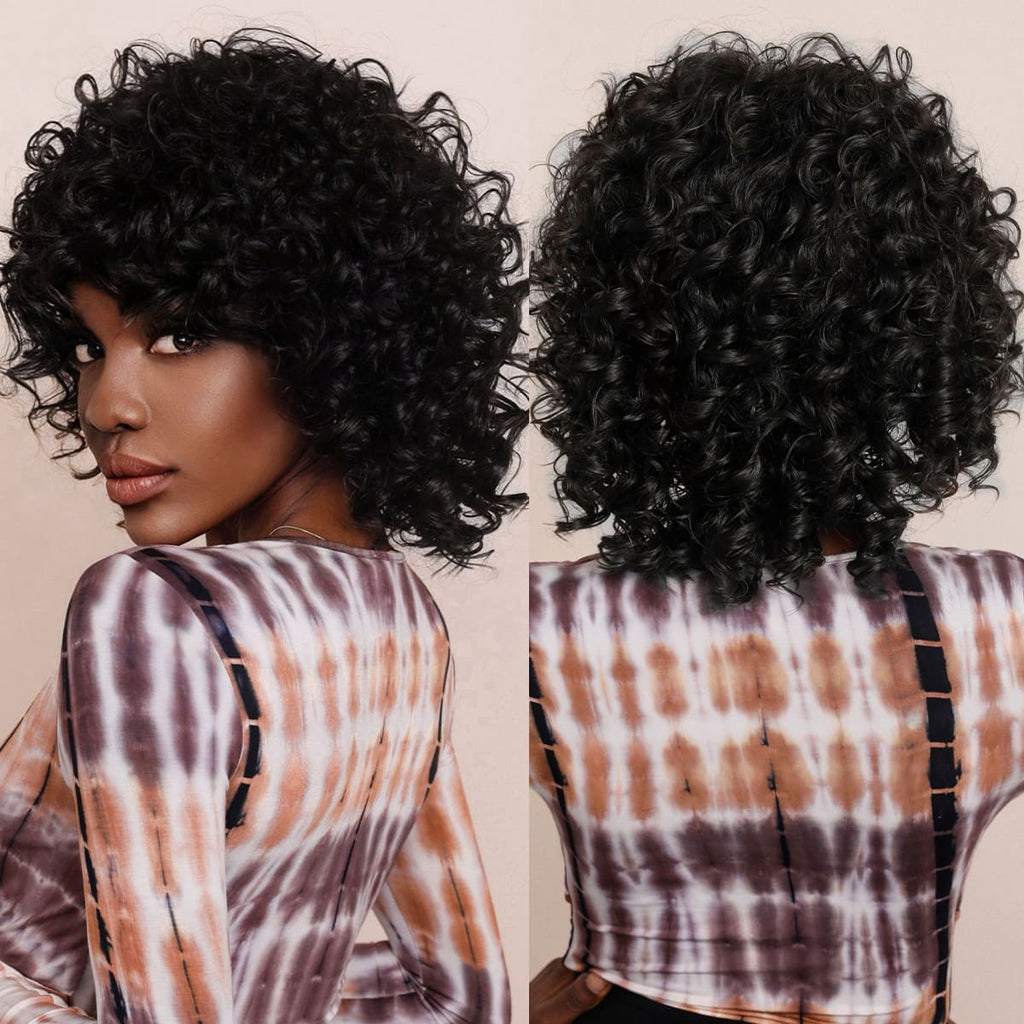 Perruque bouclée noire femme nuque