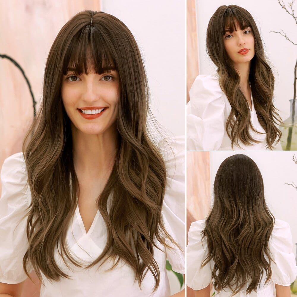 Perruque brune frange femme