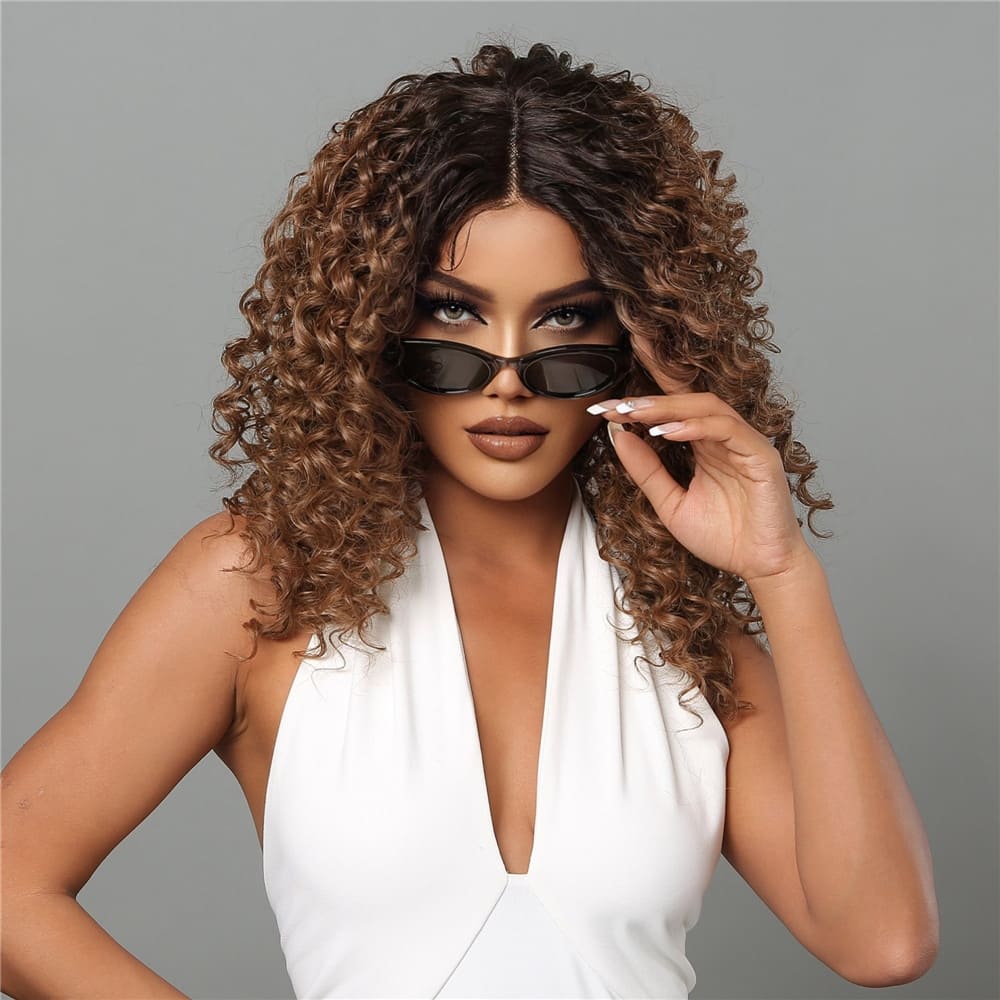 Perruque brune frisée sans frange