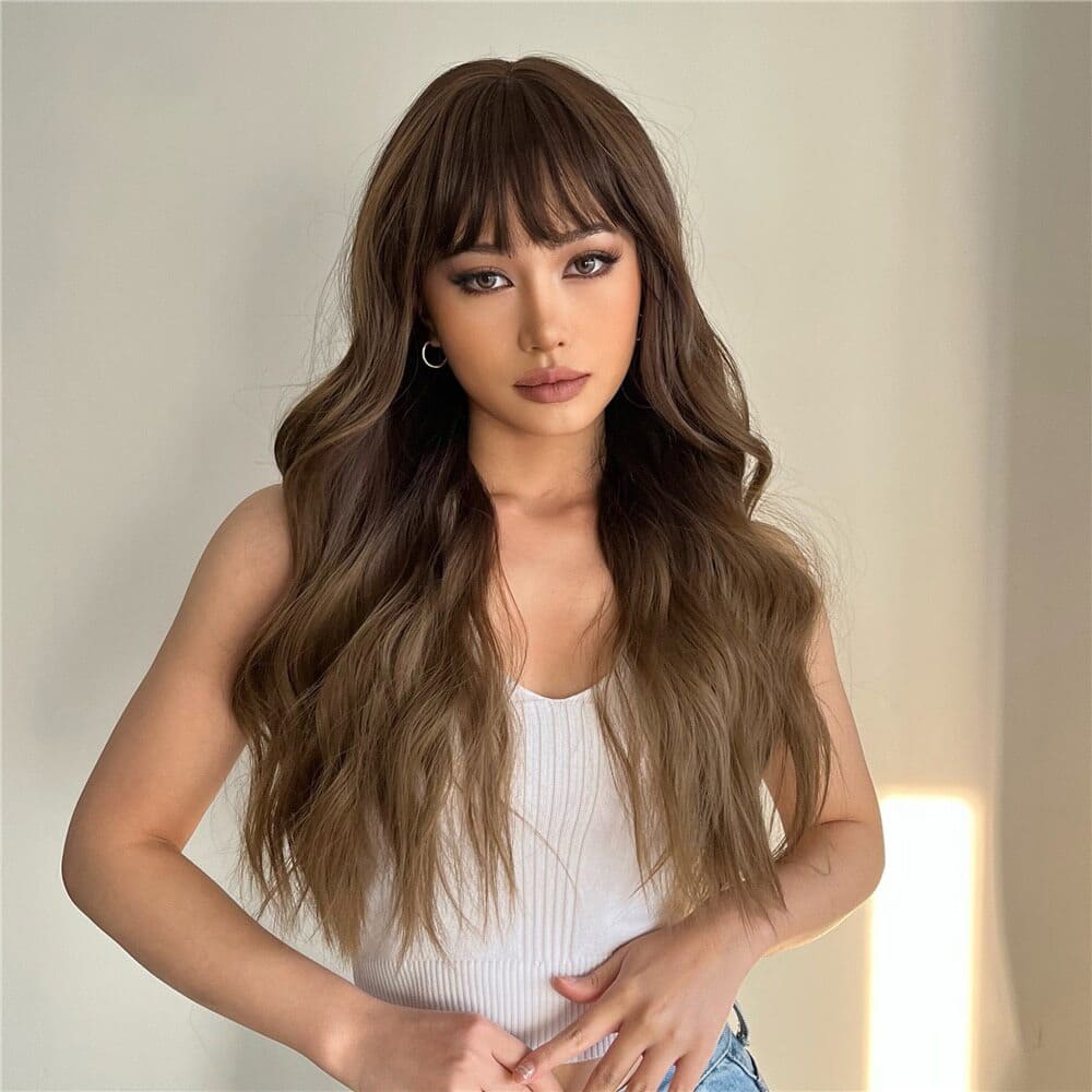 Perruque brune longue ondule