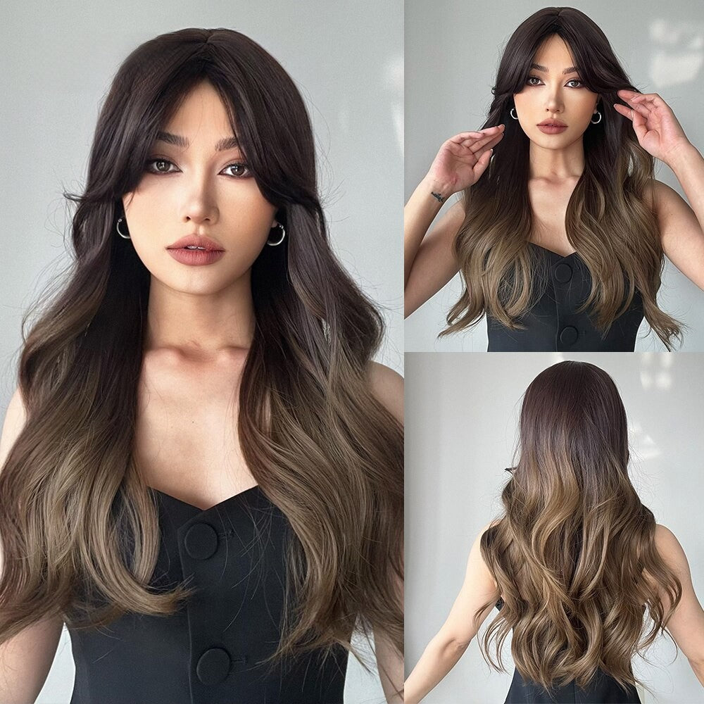 Perruque brune ondulée soyeux