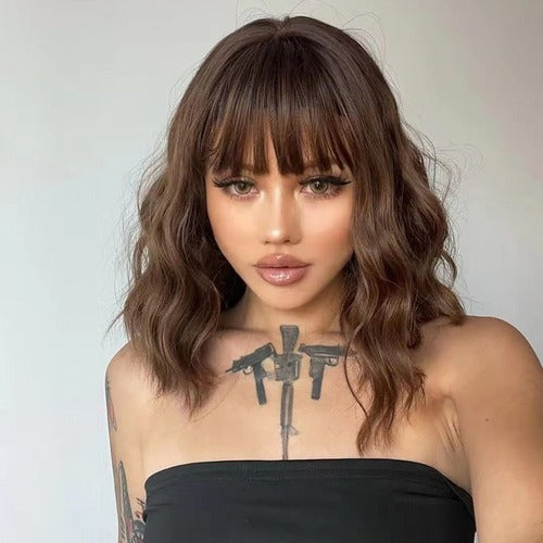 Perruque châtain frange féminité