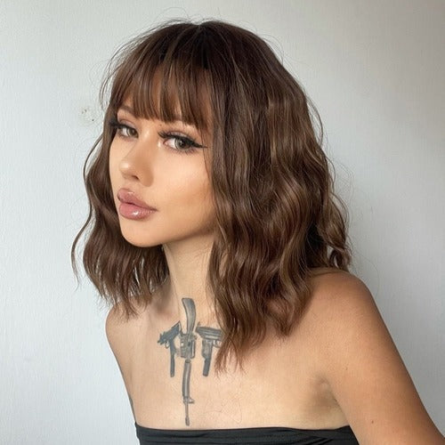 Perruque châtain frange ondulation