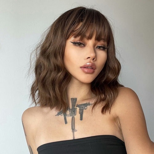 Perruque châtain frange