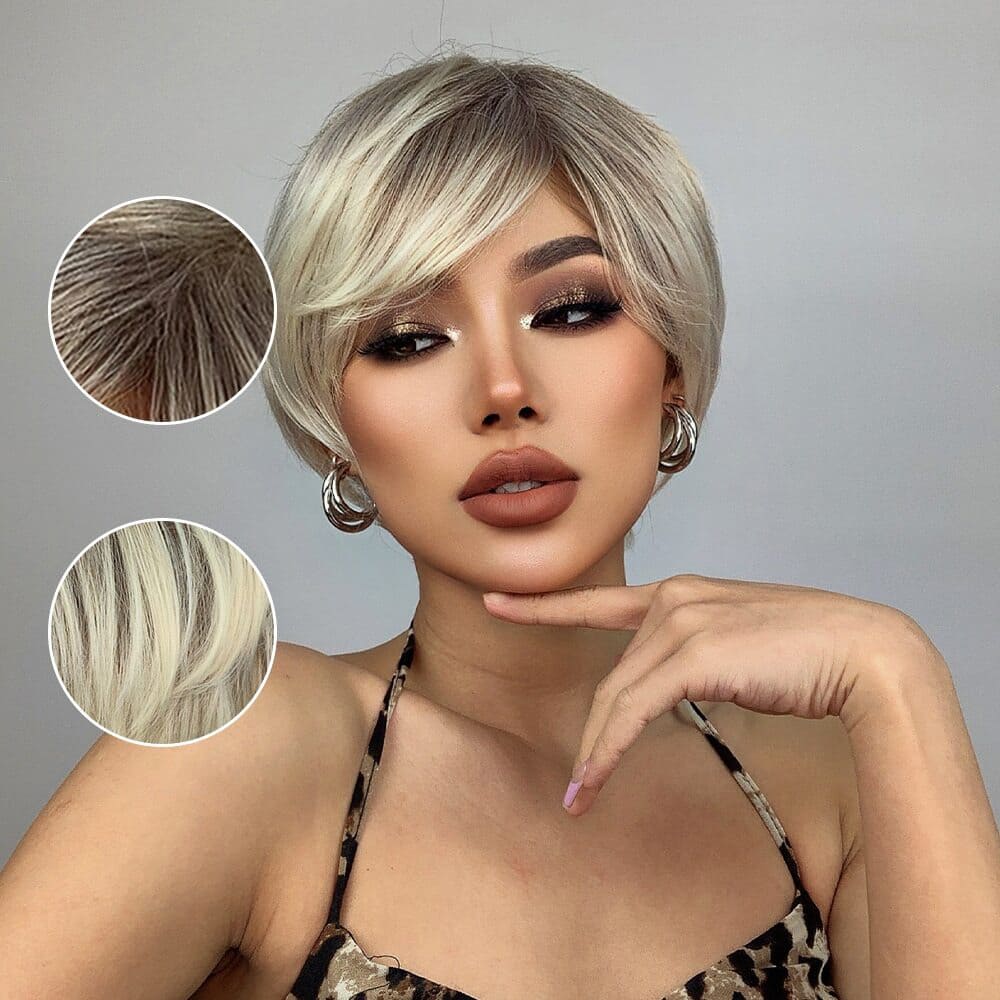 Perruque courte blonde mèche cheveux