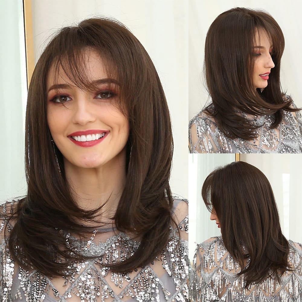 Perruque femme brune mi long soyeux