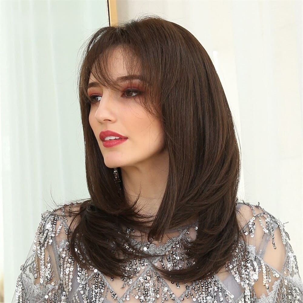 Perruque femme brune mi long