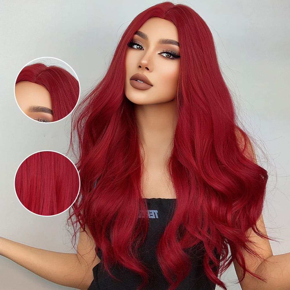 Perruque longue rouge foncé raie