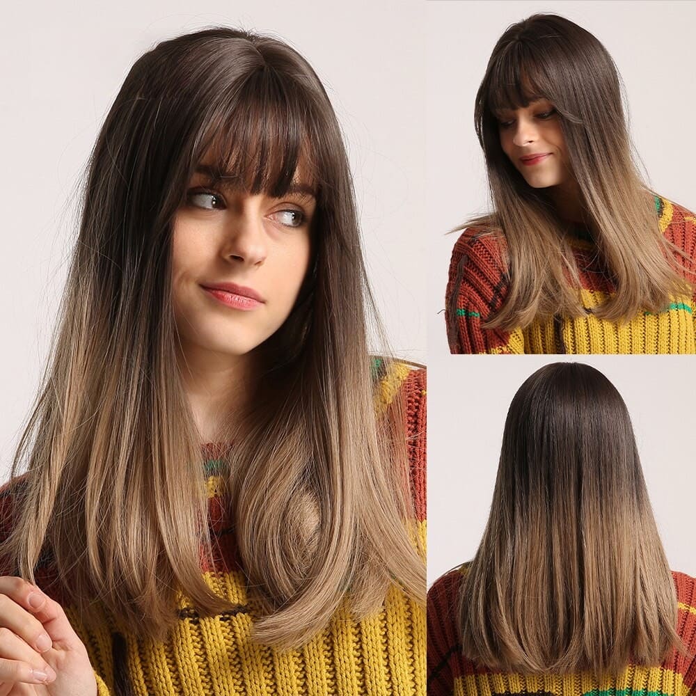 Perruque marron longue frange