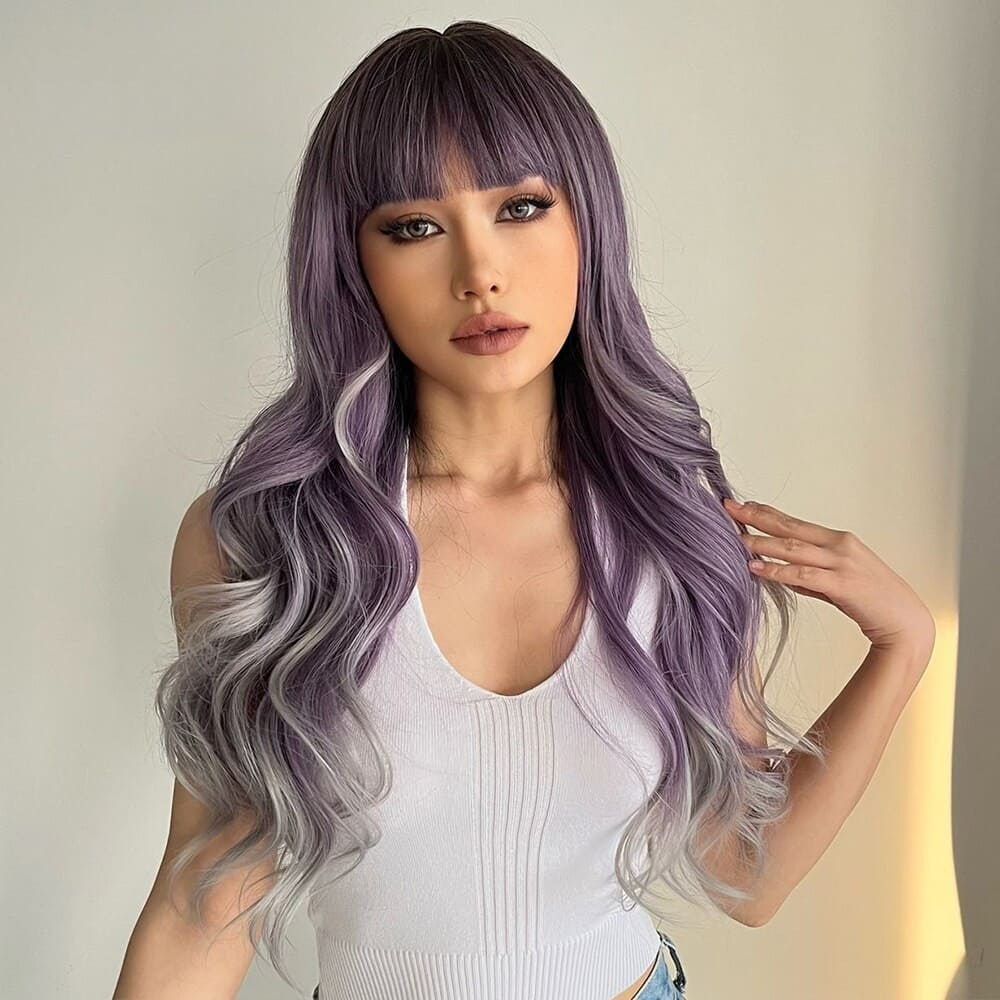 Perruque noire et violette longue