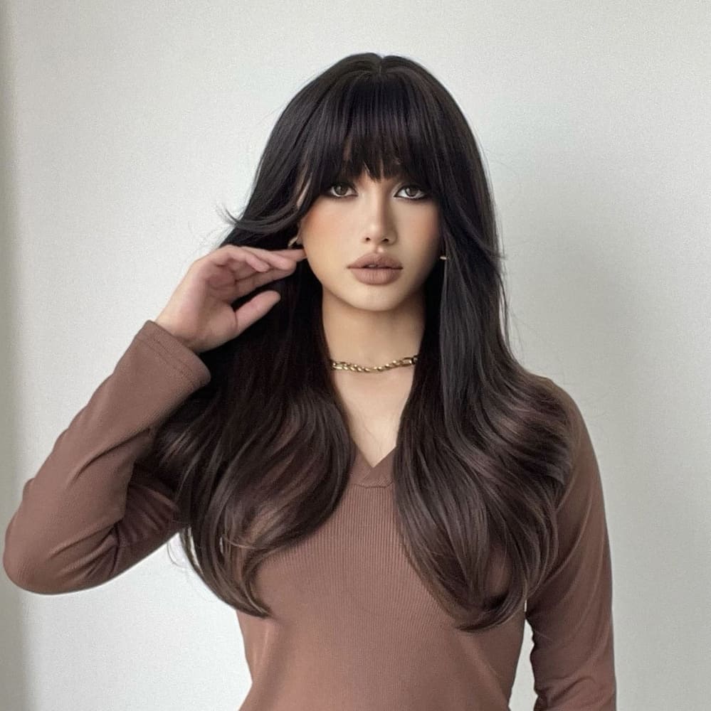 Perruque noire longue frange longueur