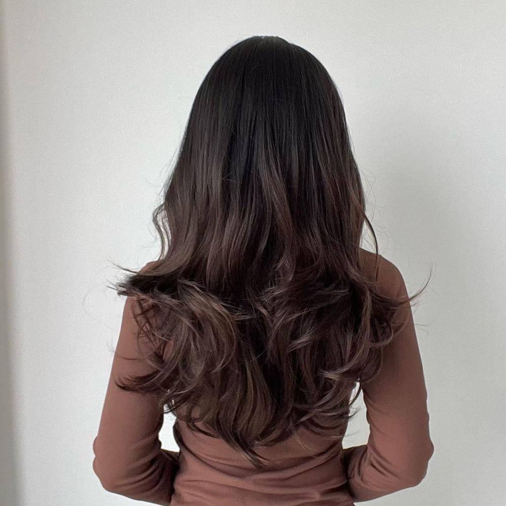 Perruque noire longue frange nuque