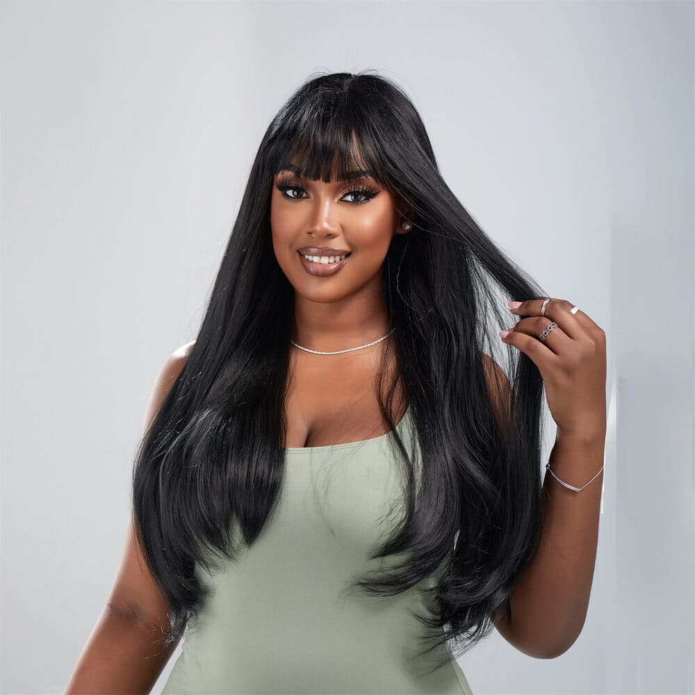 Perruque noire longue raide frange