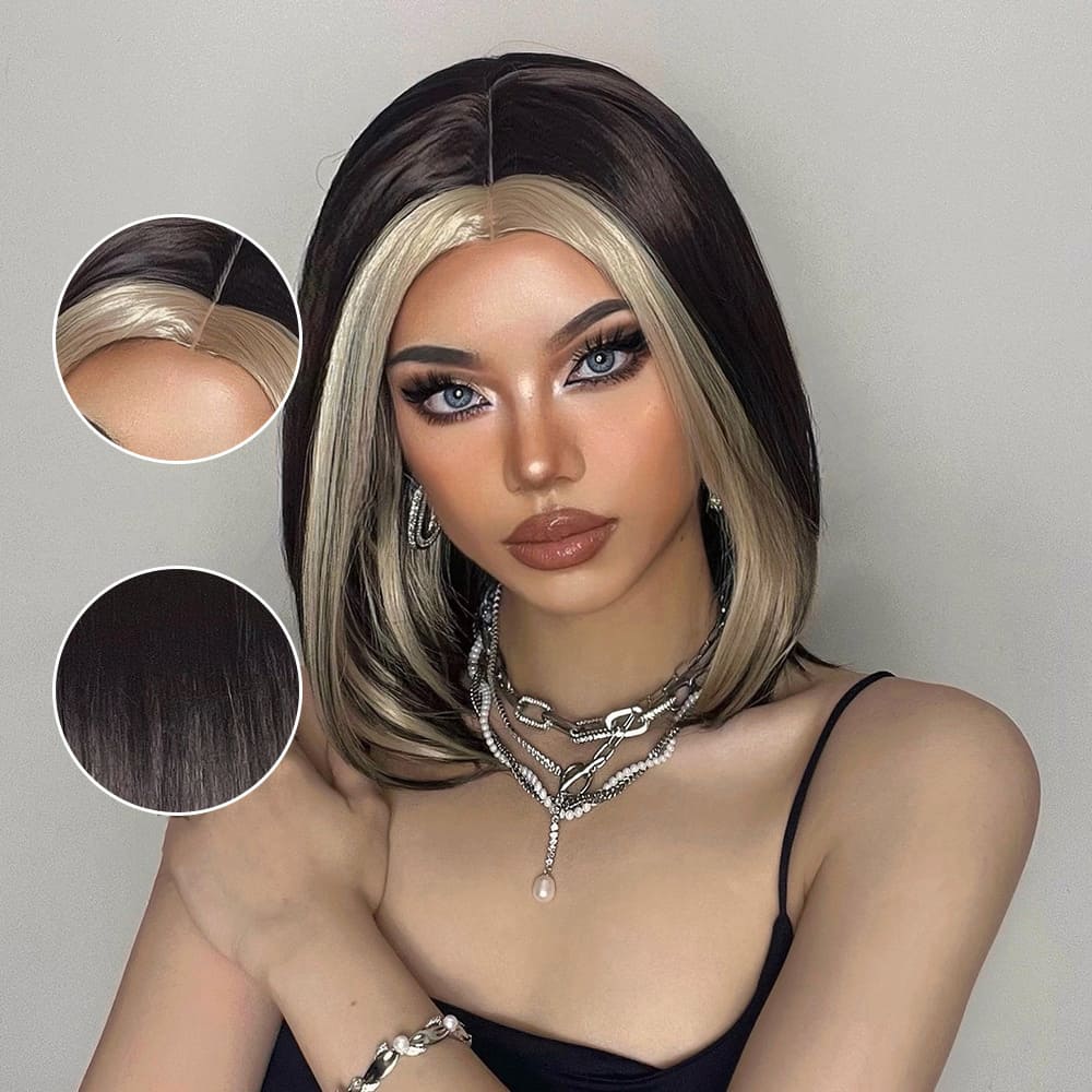 Perruque noire mèches blondes mi longue