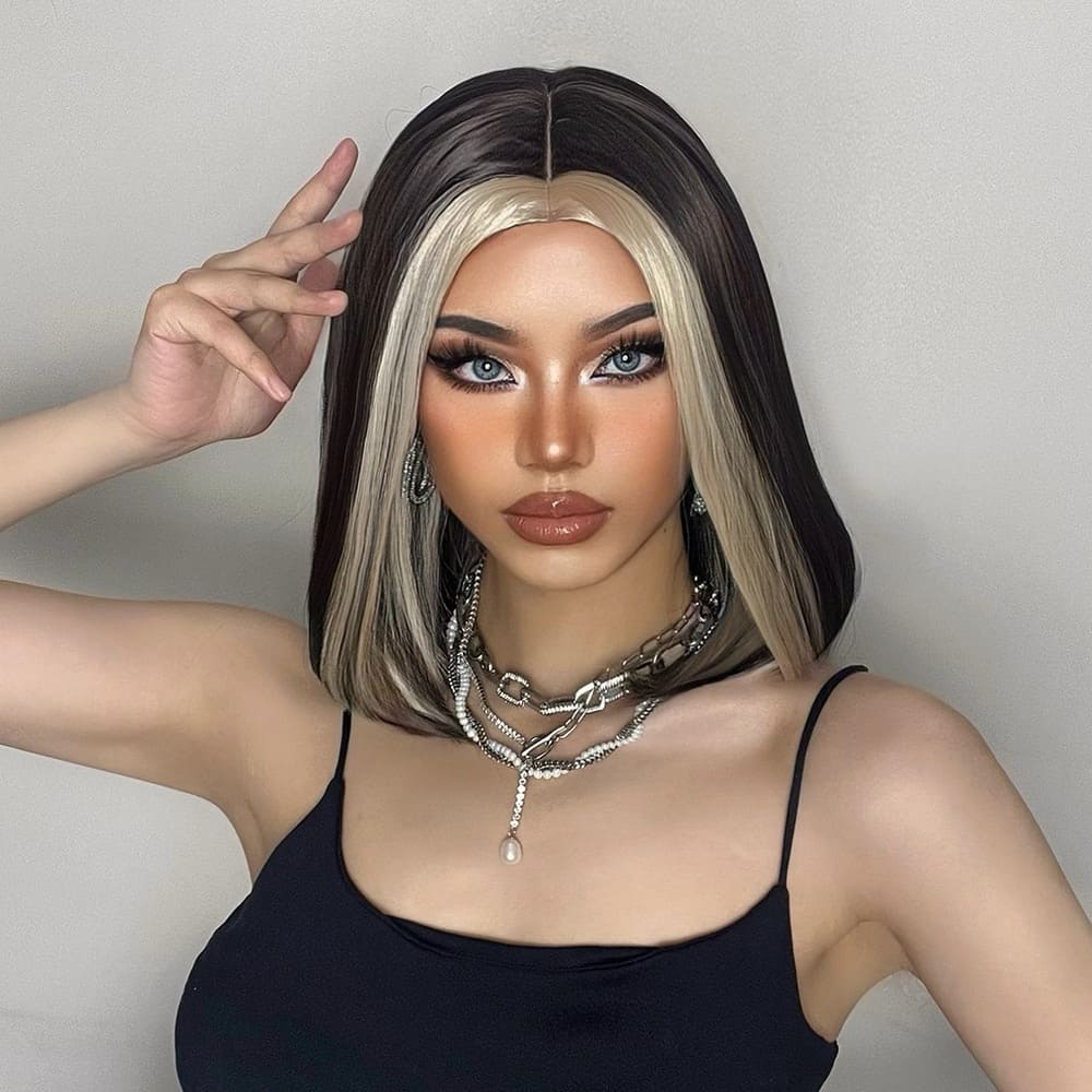 Perruque noire mèches blondes sans frange