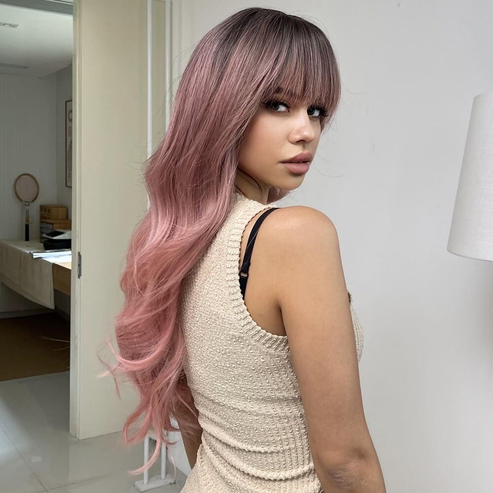 Perruque rose frange dos