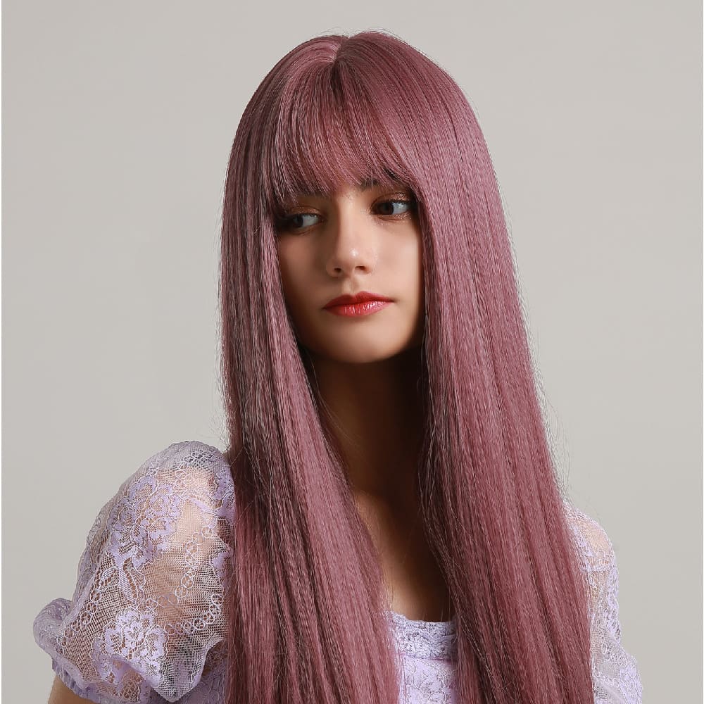 Perruque rose longue frange femme