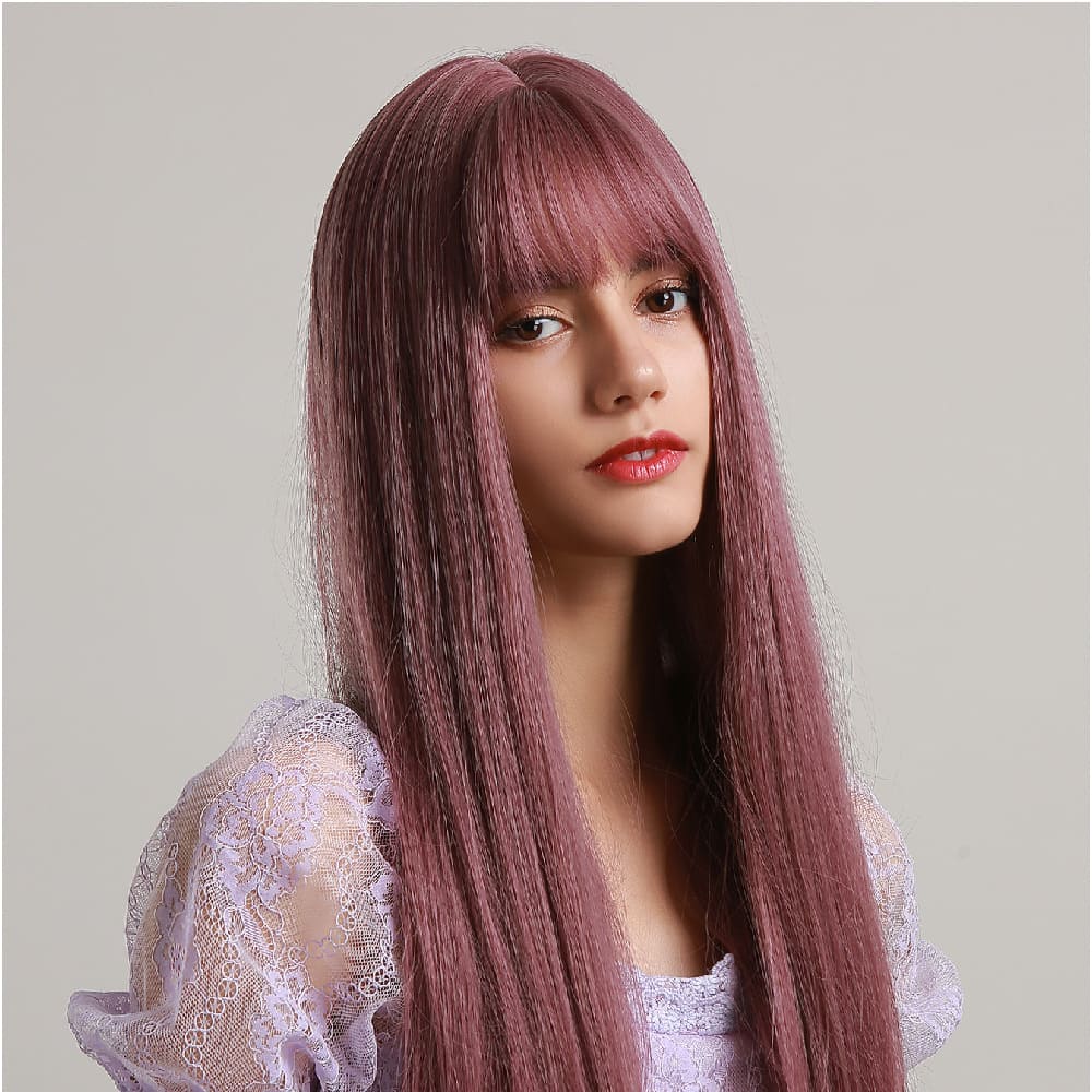 Perruque rose longue frange lisse