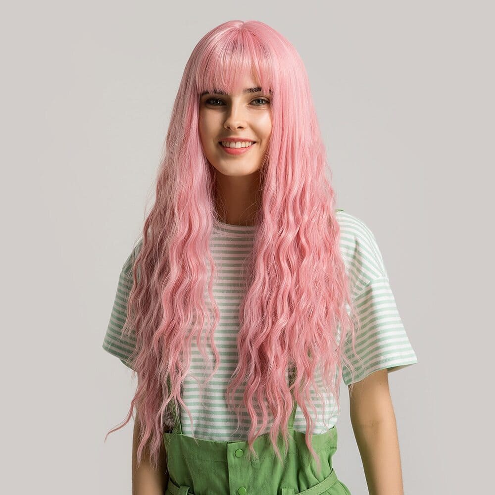 Perruque rose pastel longue